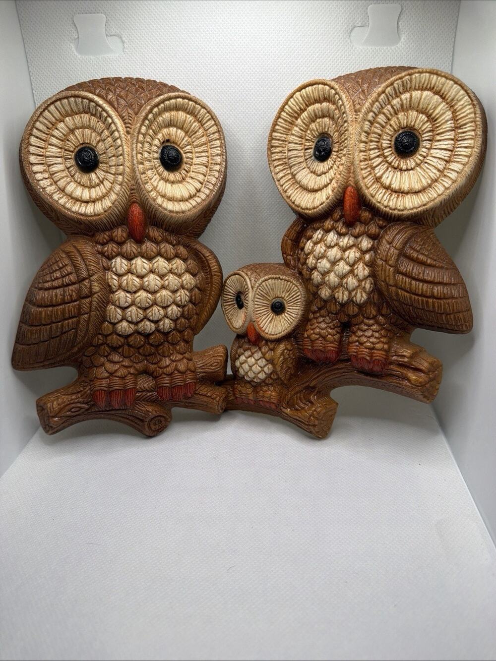 Brown Owls Lot If 2 W/ Baby Wall Plaque Decor Molded Foam Craft 1981 Vintage